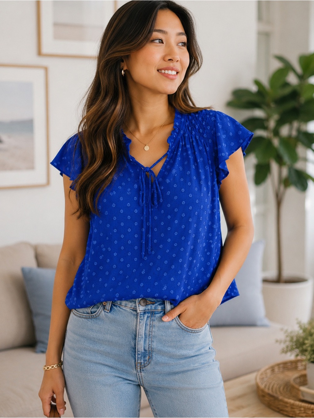 Floral + Ivy Women’s size Medium Blue Embroidered Ruffle Neck Tie Front Top EUC!